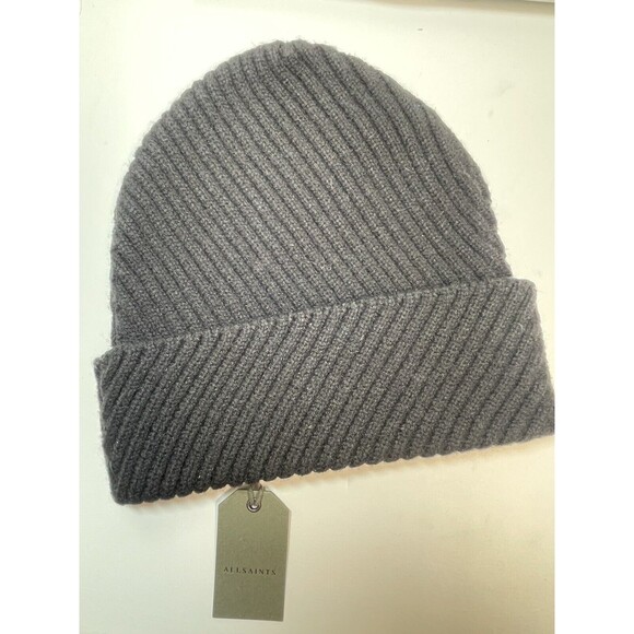 AllSaints Traveling Rib Peak Beanie In Black Unisex New - Picture 3 of 5